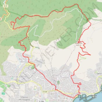 AU DESSUS DE BORMES LES MIMOSAS trail, distance, elevation, map, profile, GPS track