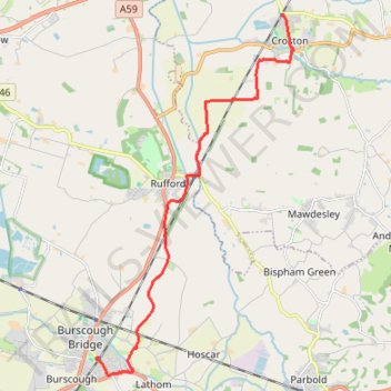 Croston Burscough Bridge via Rufford along Leeds and Liverpool Canal trail, distance, elevation, map, profile, GPS track