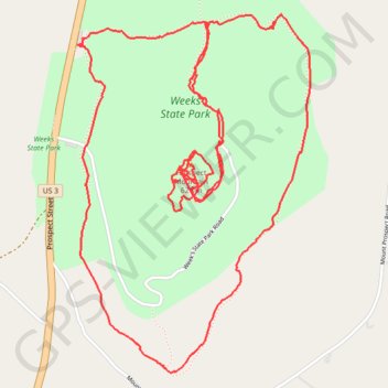 Hiking trails at Weeks State Park trail, distance, elevation, map, profile, GPS track